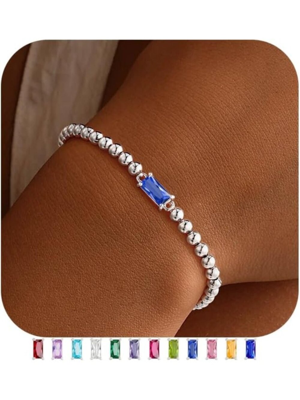Women's Light Blue Silver Plated Birthstone Beaded Bracelet Dainty Jewelry Gift
